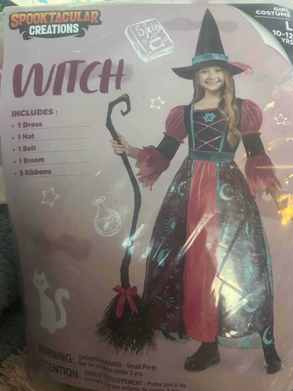Girls' Pink and Black Complete Witch Costume BRAND NEW Size Large 10-12 Years